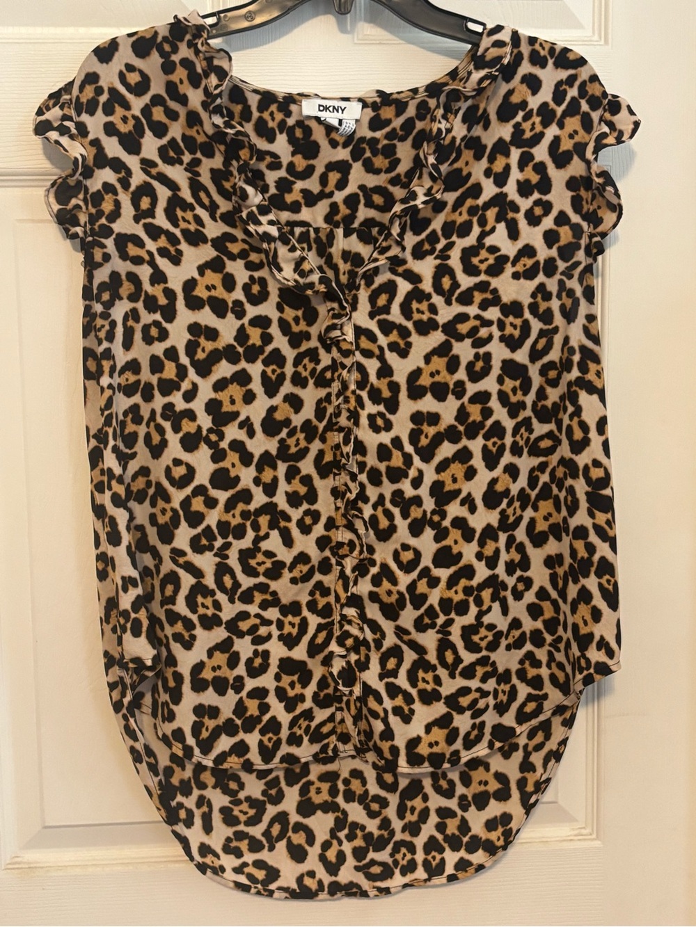 DKNY Leopard Ruffle Front Blouse in Tan and Black